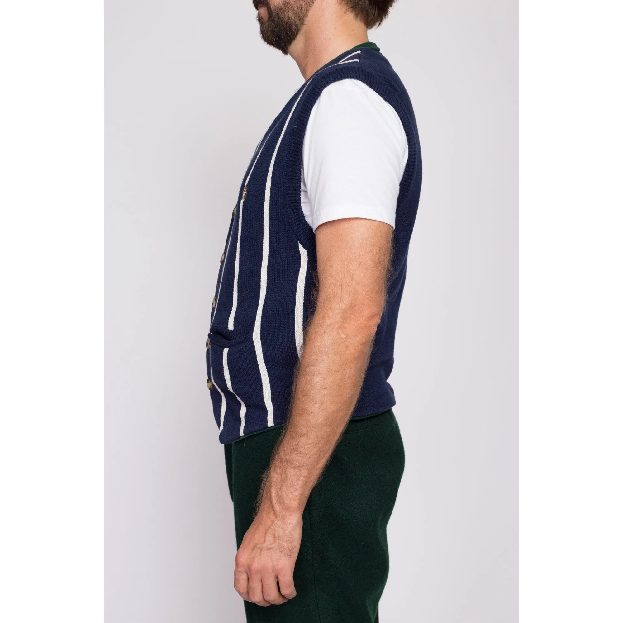 80s Striped Cotton Knit Sweater Vest - Men's Medium