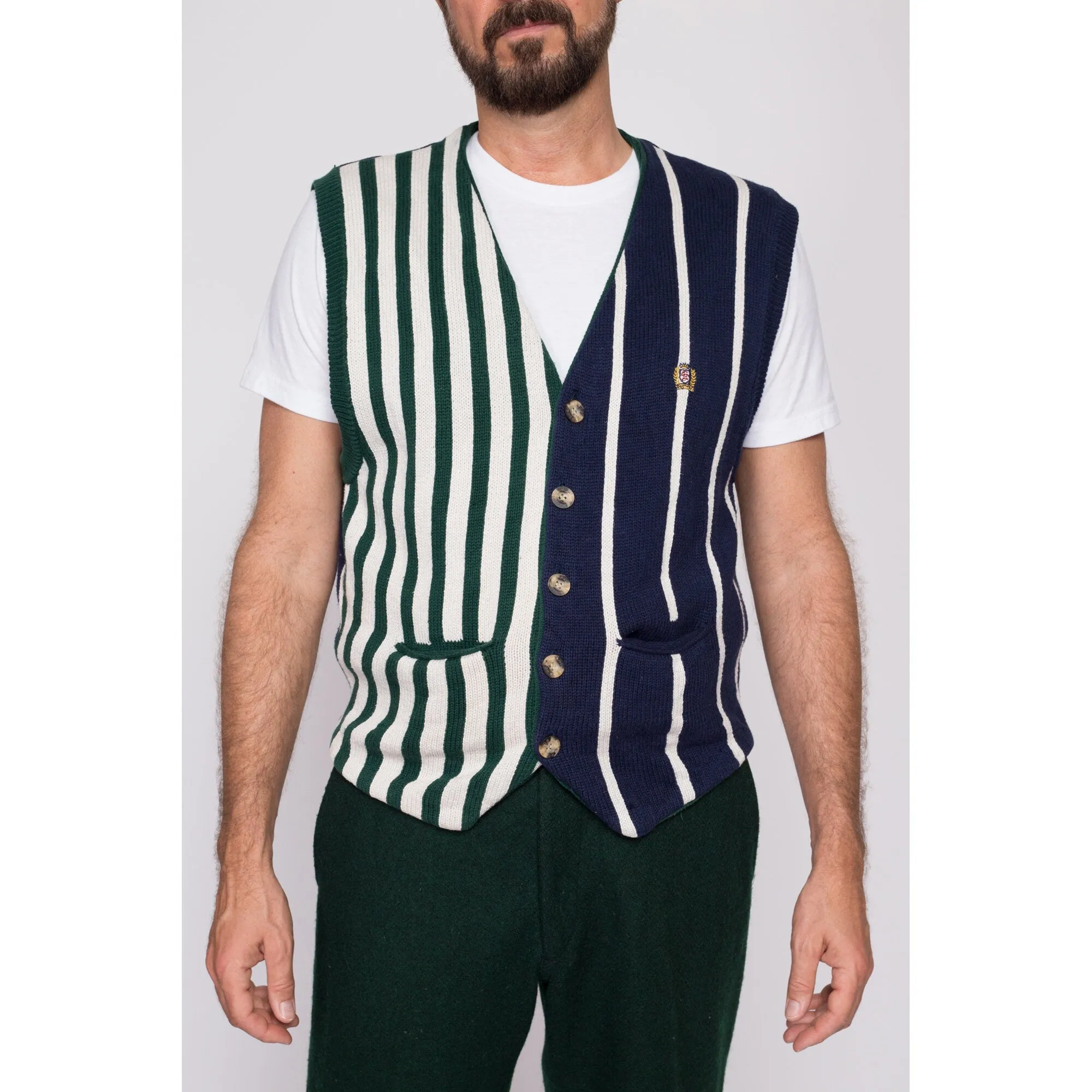 80s Striped Cotton Knit Sweater Vest - Men's Medium