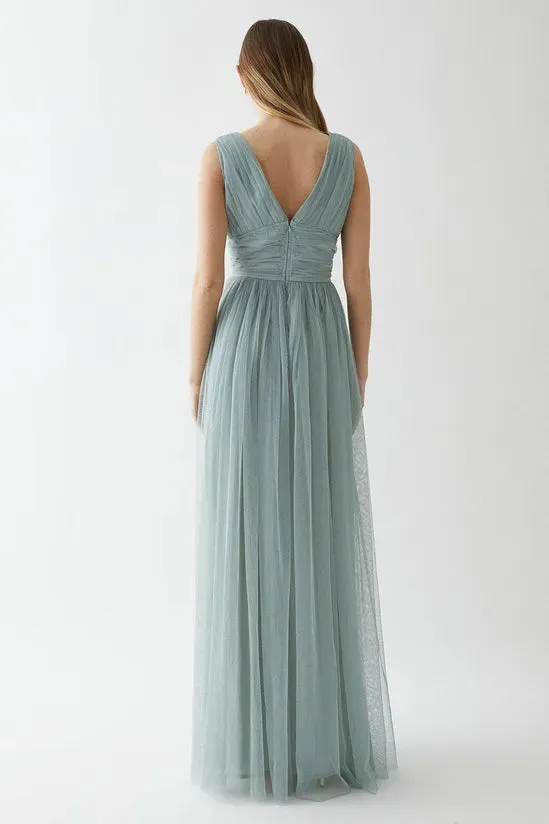 A-Line V Neck Pleated Waistband Mesh Bridesmaids Dress Wedding Guest Dresses