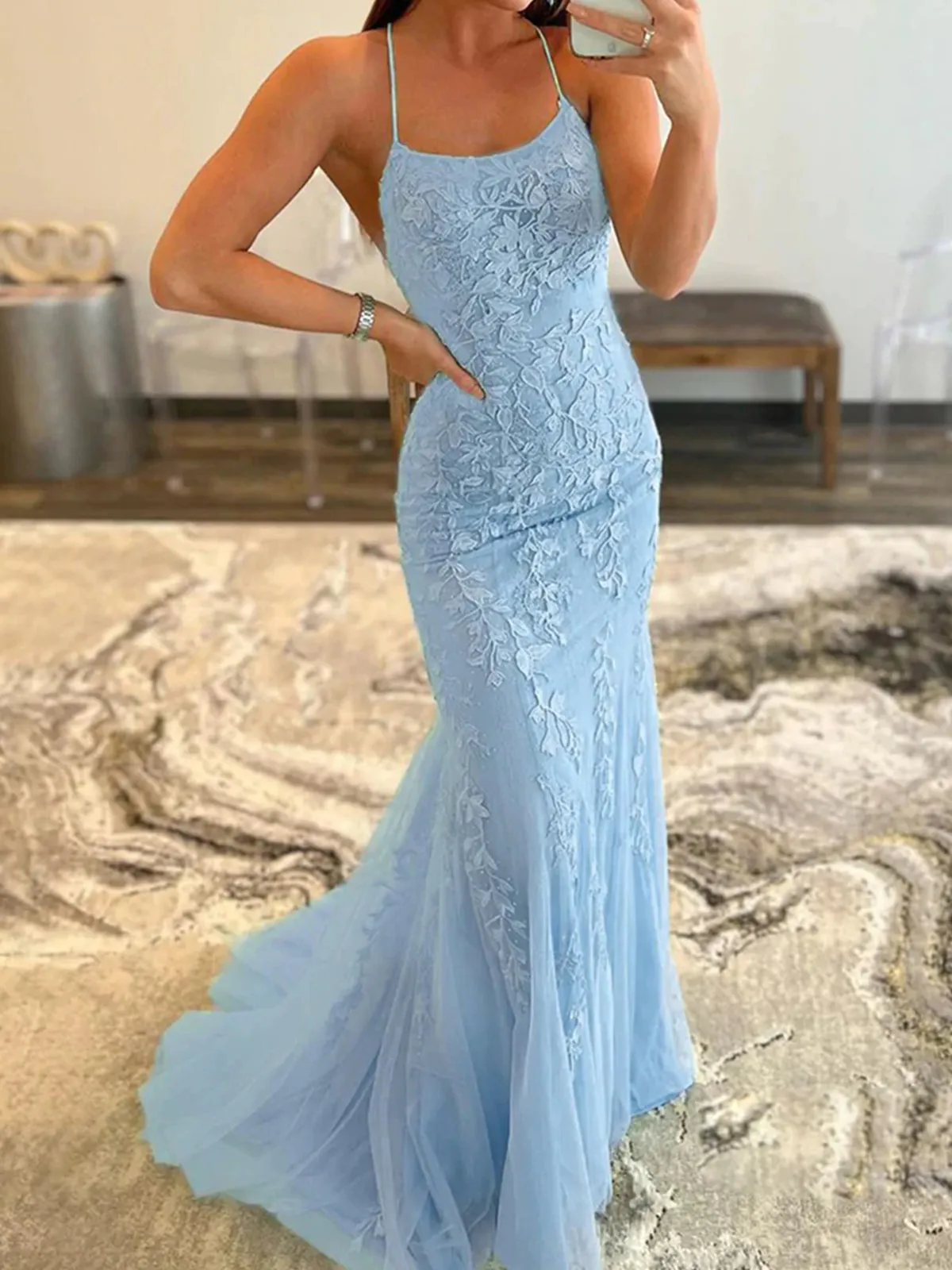 Backless Light Blue Lace Mermaid Prom Dresses, Open Back Light Blue Lace Formal Graduation Dresses