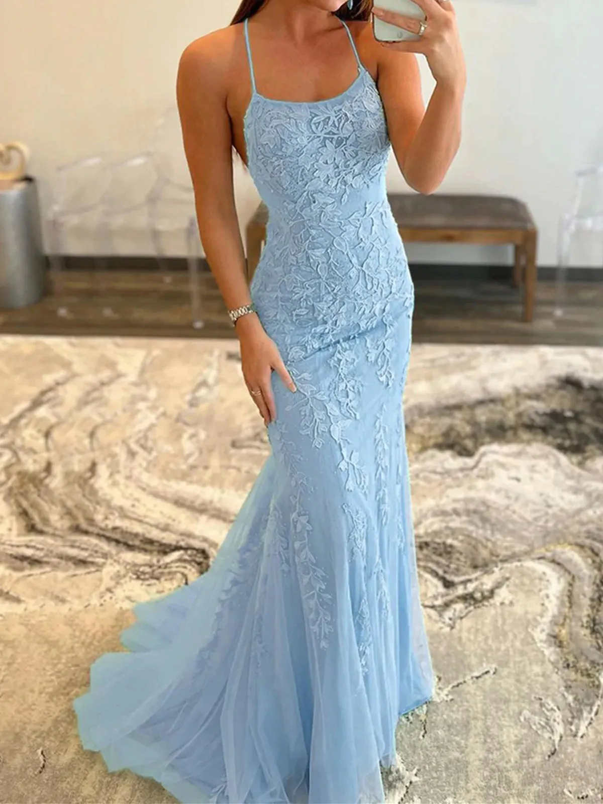 Backless Light Blue Lace Mermaid Prom Dresses, Open Back Light Blue Lace Formal Graduation Dresses