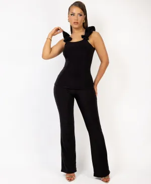 Black Ruched Vest Top And Flare Trousers Set
