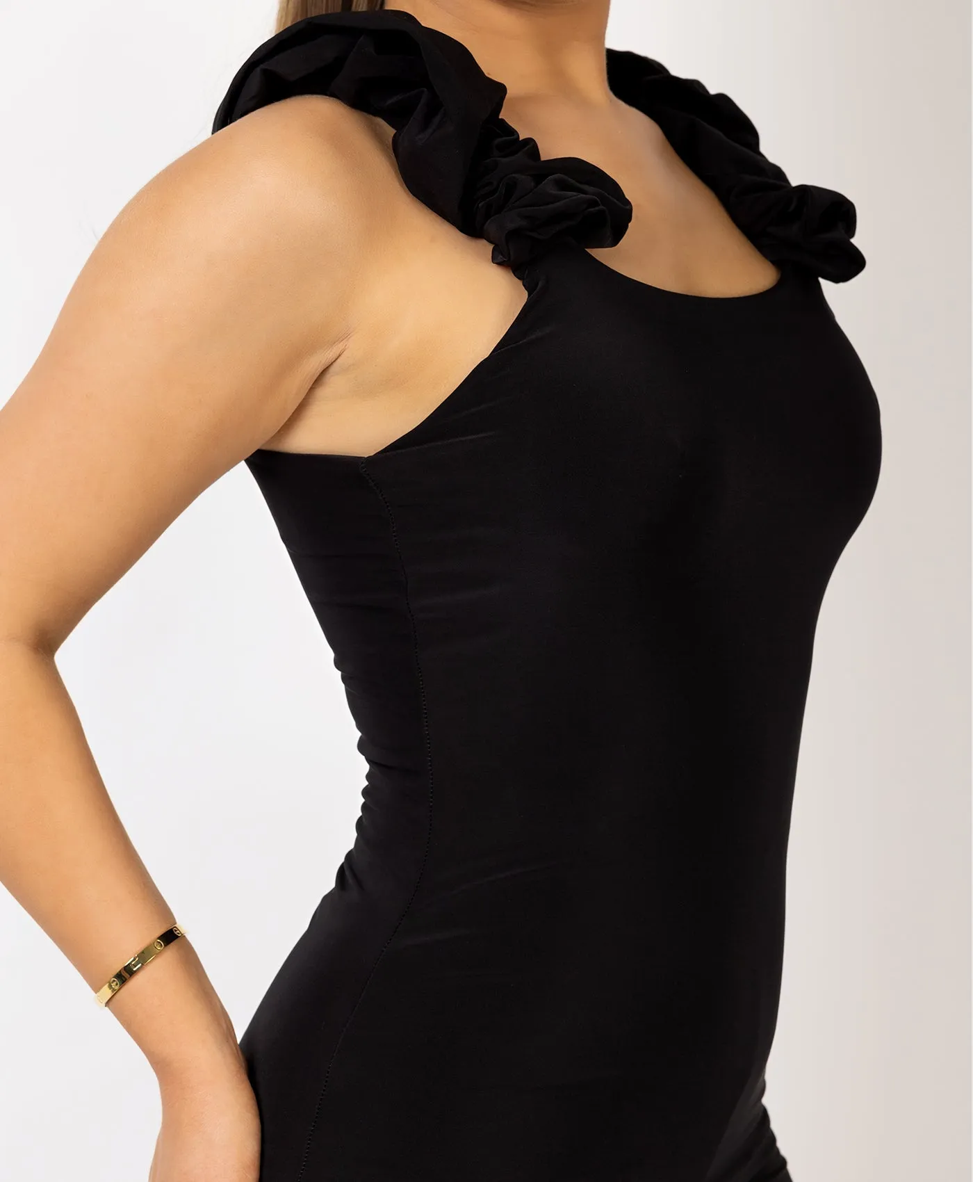 Black Ruched Vest Top And Flare Trousers Set