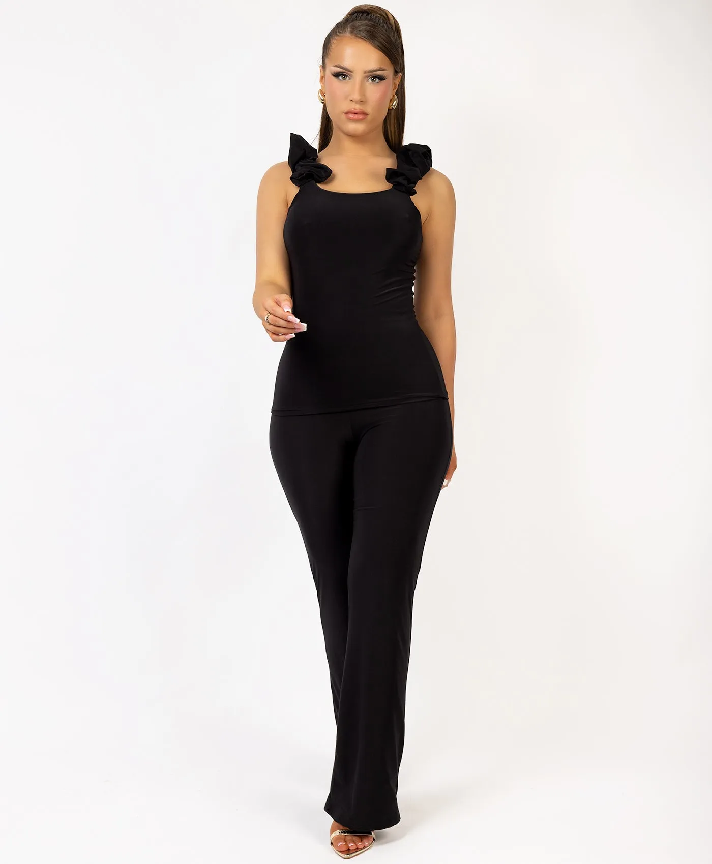 Black Ruched Vest Top And Flare Trousers Set