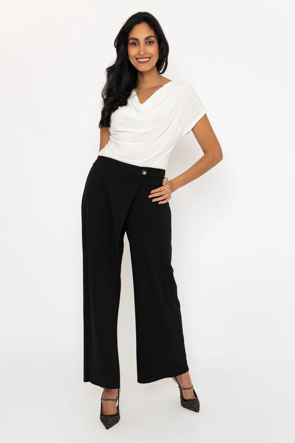 Black Wrap Front Wide Leg Trousers