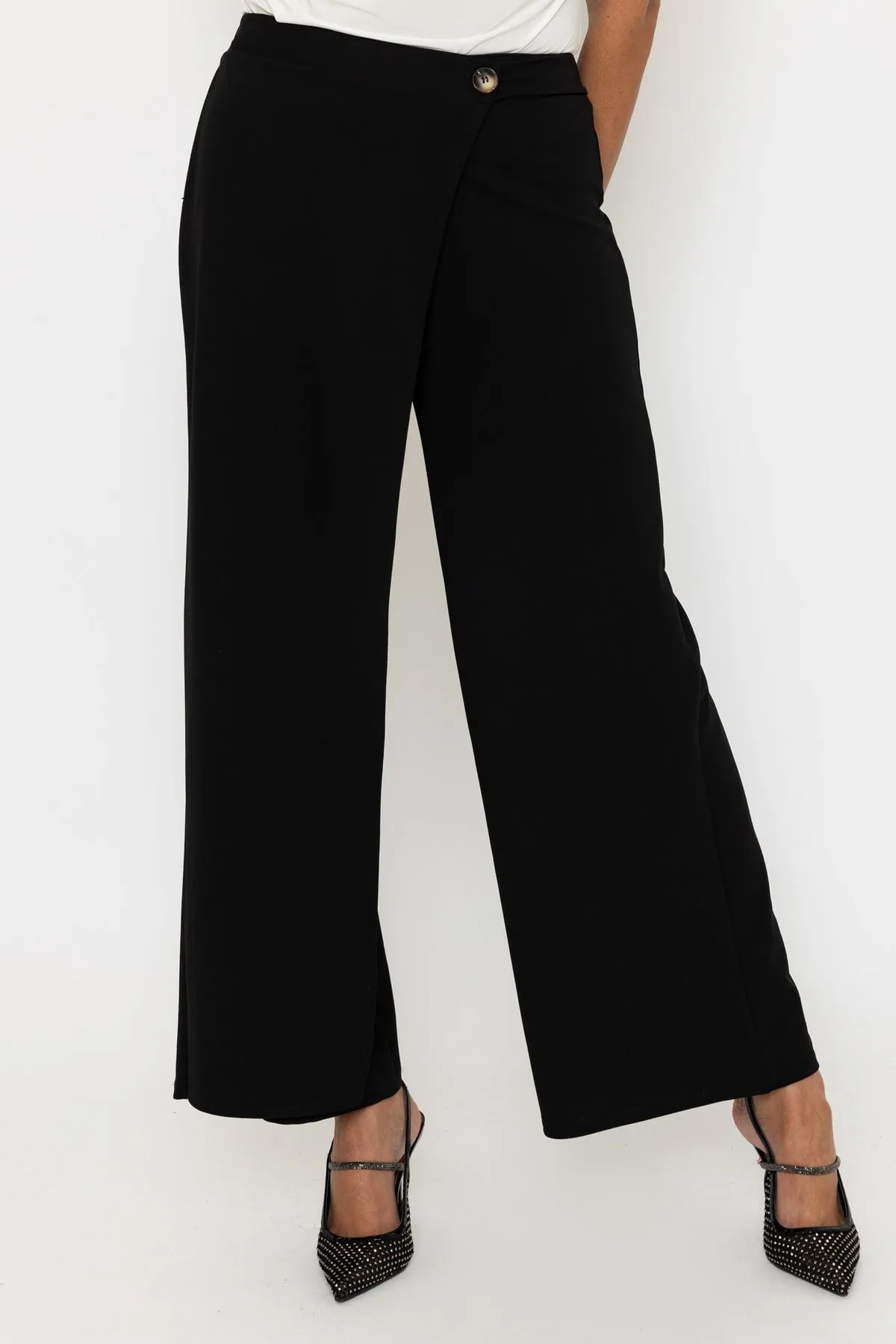 Black Wrap Front Wide Leg Trousers