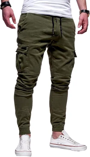 Cargo Pants for Men Drawstring Elastic Waist Casual Sweatpants Slim Fit Athletic Joggers Pants Outdoor Sports Trousers
