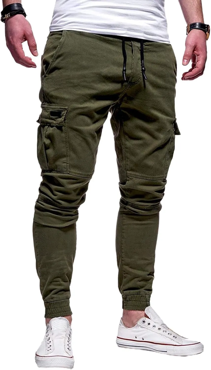 Cargo Pants for Men Drawstring Elastic Waist Casual Sweatpants Slim Fit Athletic Joggers Pants Outdoor Sports Trousers