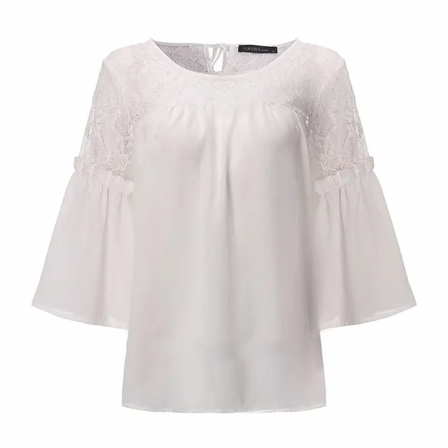 Chiffon Patchwork Lace Casual Loose White Blouses Tops For Girls