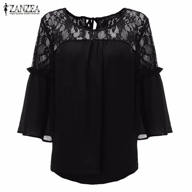 Chiffon Patchwork Lace Casual Loose White Blouses Tops For Girls