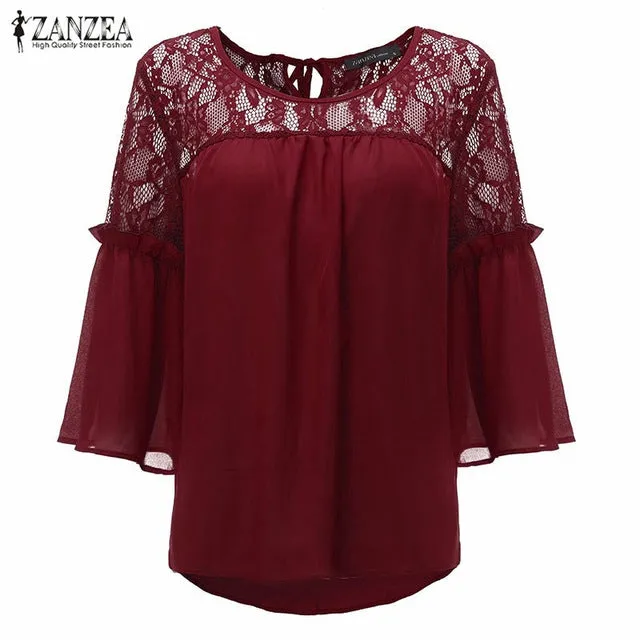Chiffon Patchwork Lace Casual Loose White Blouses Tops For Girls