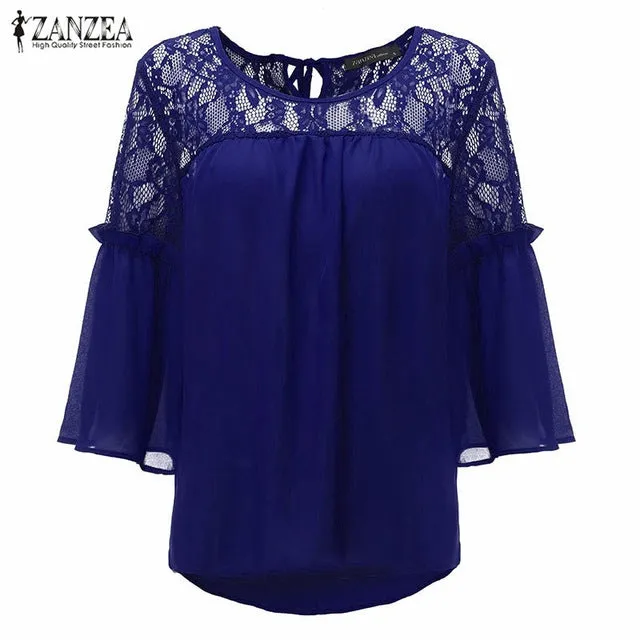 Chiffon Patchwork Lace Casual Loose White Blouses Tops For Girls