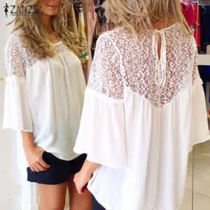 Chiffon Patchwork Lace Casual Loose White Blouses Tops For Girls