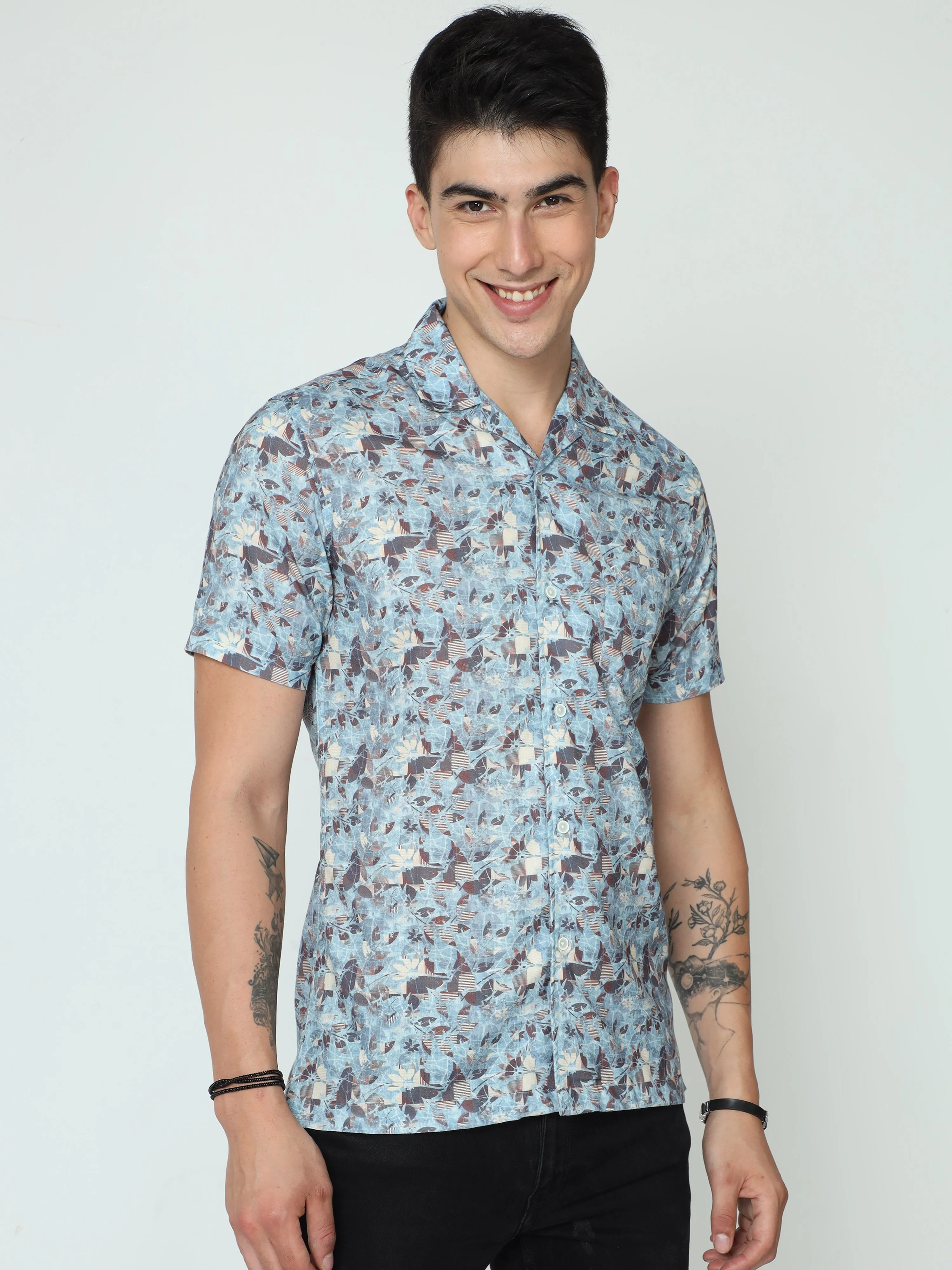 Classic Polo Mens Cotton Half Sleeve Printed Slim Fit Polo Neck Blue Color Casual Shirt | SBO2-89 A-HS-PRT-BSL