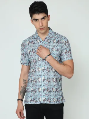 Classic Polo Mens Cotton Half Sleeve Printed Slim Fit Polo Neck Blue Color Casual Shirt | SBO2-89 A-HS-PRT-BSL