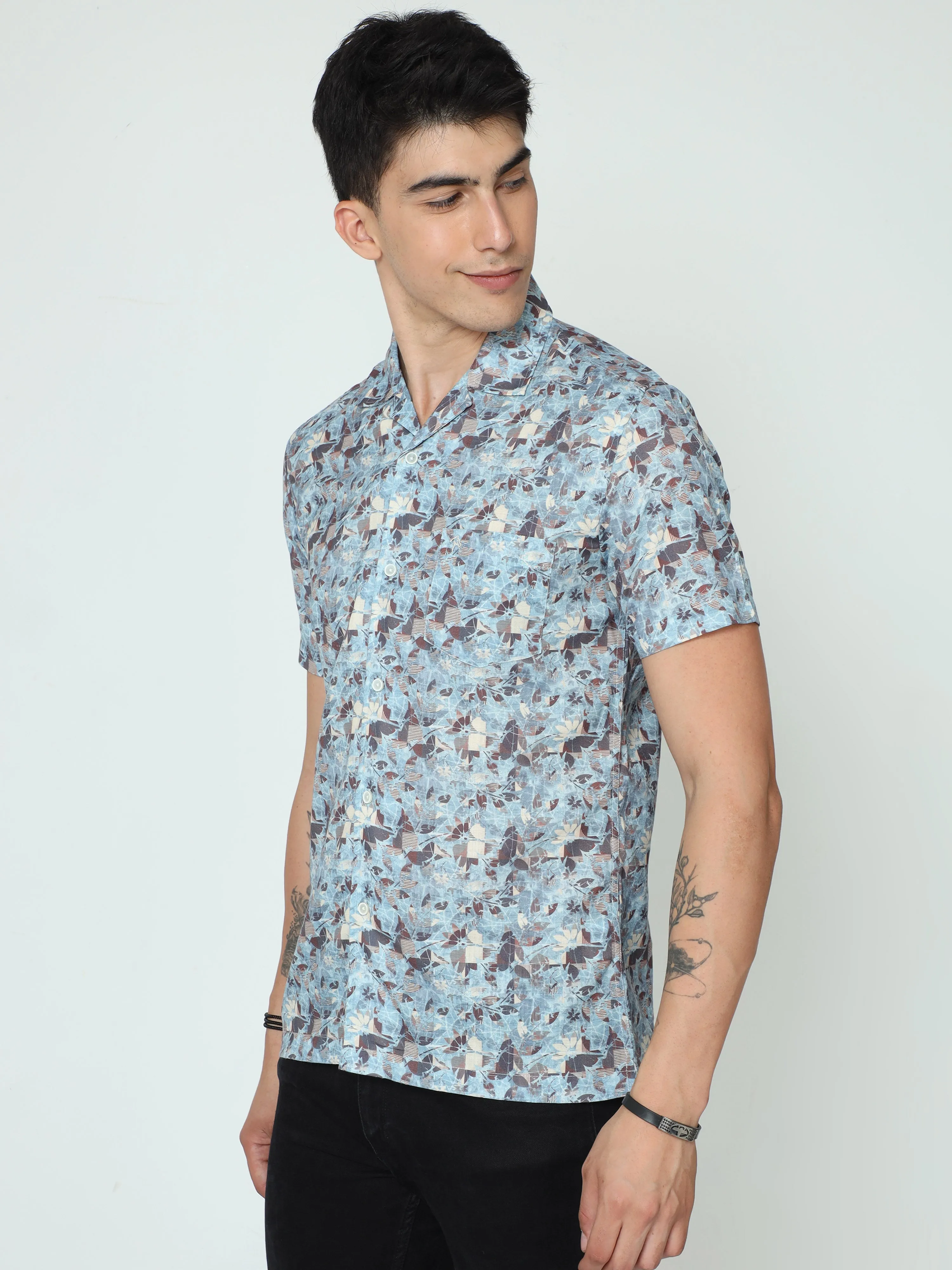 Classic Polo Mens Cotton Half Sleeve Printed Slim Fit Polo Neck Blue Color Casual Shirt | SBO2-89 A-HS-PRT-BSL
