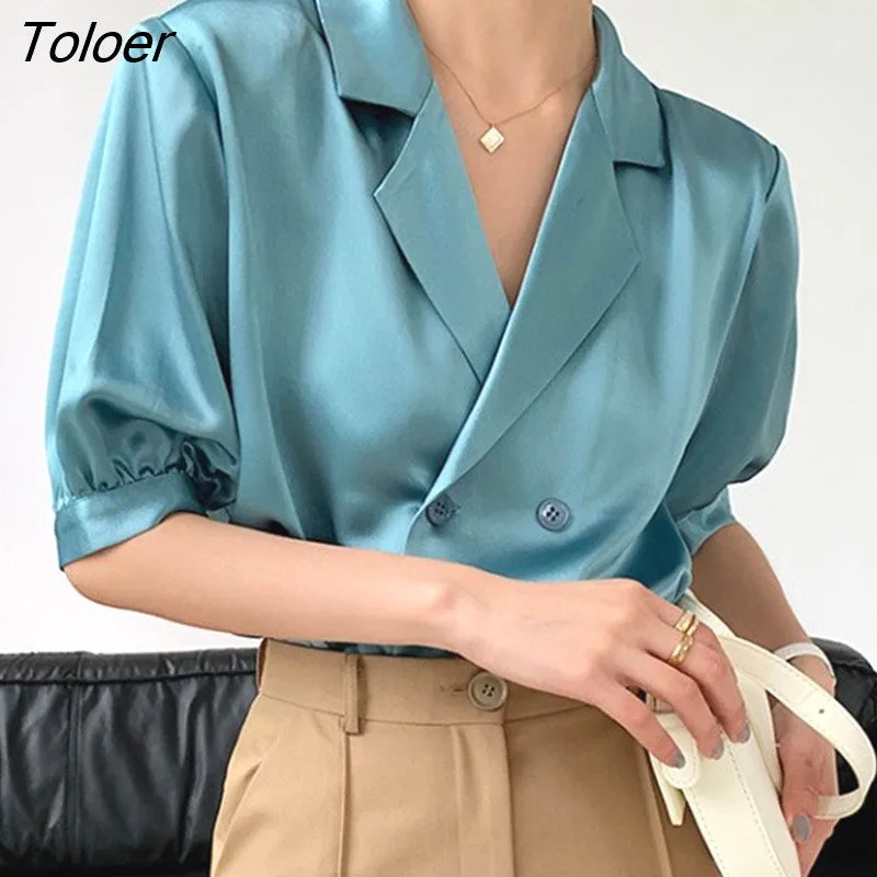 deanwangkt Pink Satin Blouse Women Summer Notched Solid Silk Woman Shirts Puff Sleeve Tops Double-breasted Casual Blue Blouses 22187