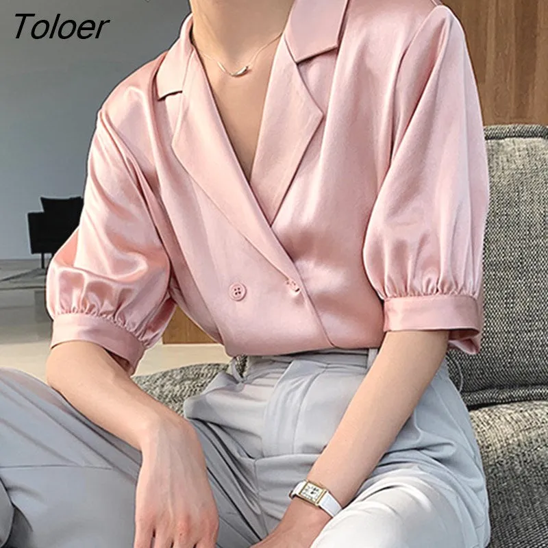 deanwangkt Pink Satin Blouse Women Summer Notched Solid Silk Woman Shirts Puff Sleeve Tops Double-breasted Casual Blue Blouses 22187