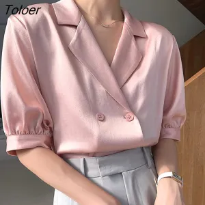 deanwangkt Pink Satin Blouse Women Summer Notched Solid Silk Woman Shirts Puff Sleeve Tops Double-breasted Casual Blue Blouses 22187