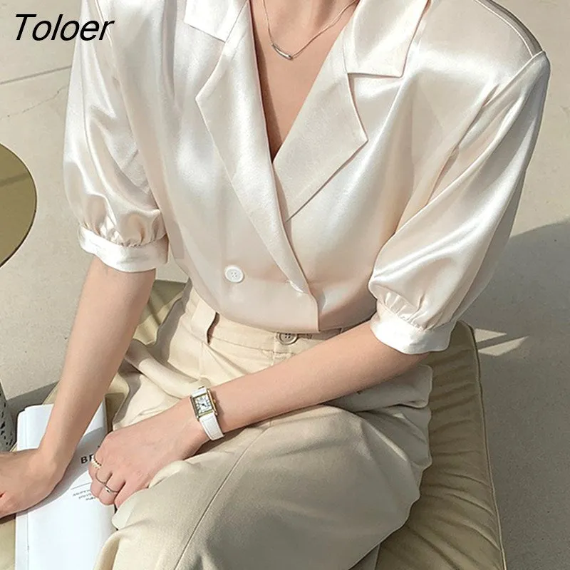 deanwangkt Pink Satin Blouse Women Summer Notched Solid Silk Woman Shirts Puff Sleeve Tops Double-breasted Casual Blue Blouses 22187