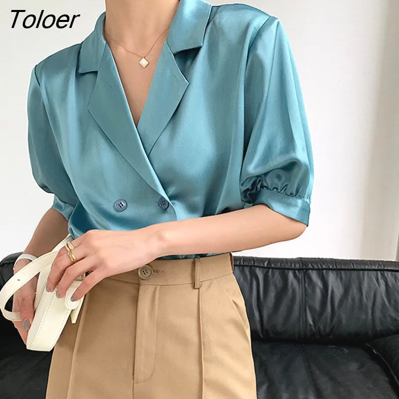 deanwangkt Pink Satin Blouse Women Summer Notched Solid Silk Woman Shirts Puff Sleeve Tops Double-breasted Casual Blue Blouses 22187
