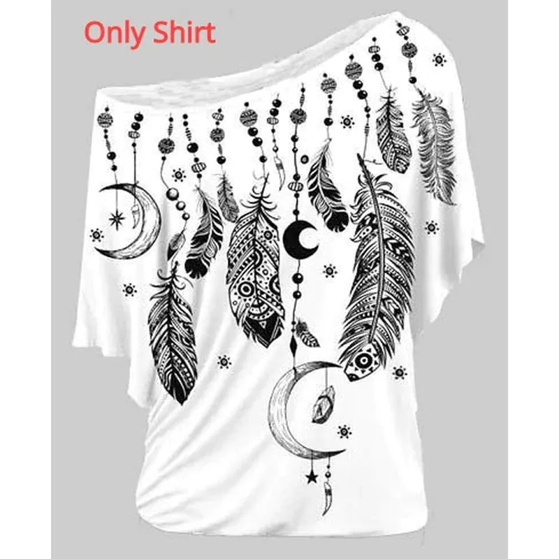 deanwangkt Women Shirts Blouses Summer  Feather Print One Shoulder Top Casual Ladies Sexy Tops Skew Neck Shirts Blouse