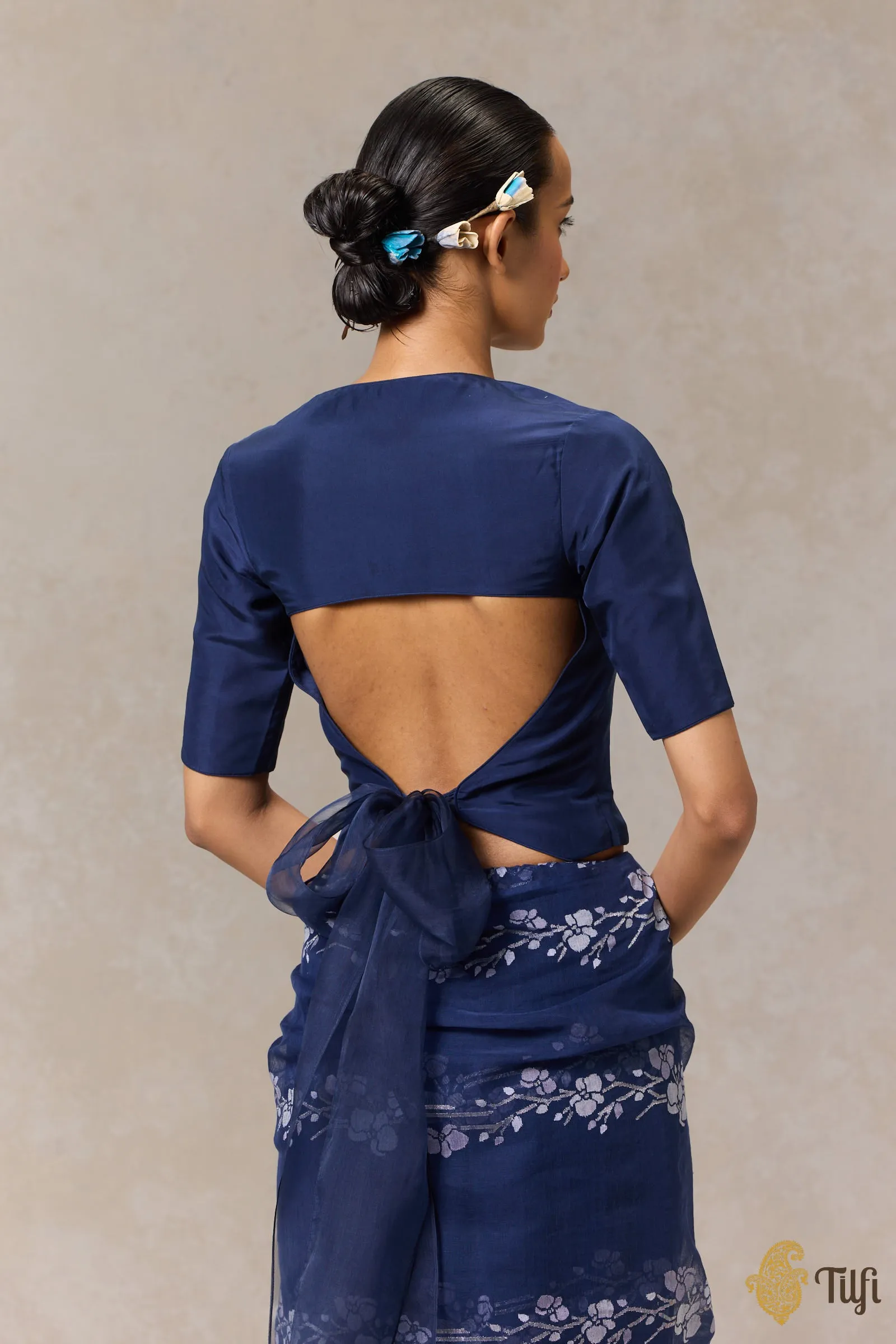 Deep Blue Sweet Heart Neck Long Silk Blouse