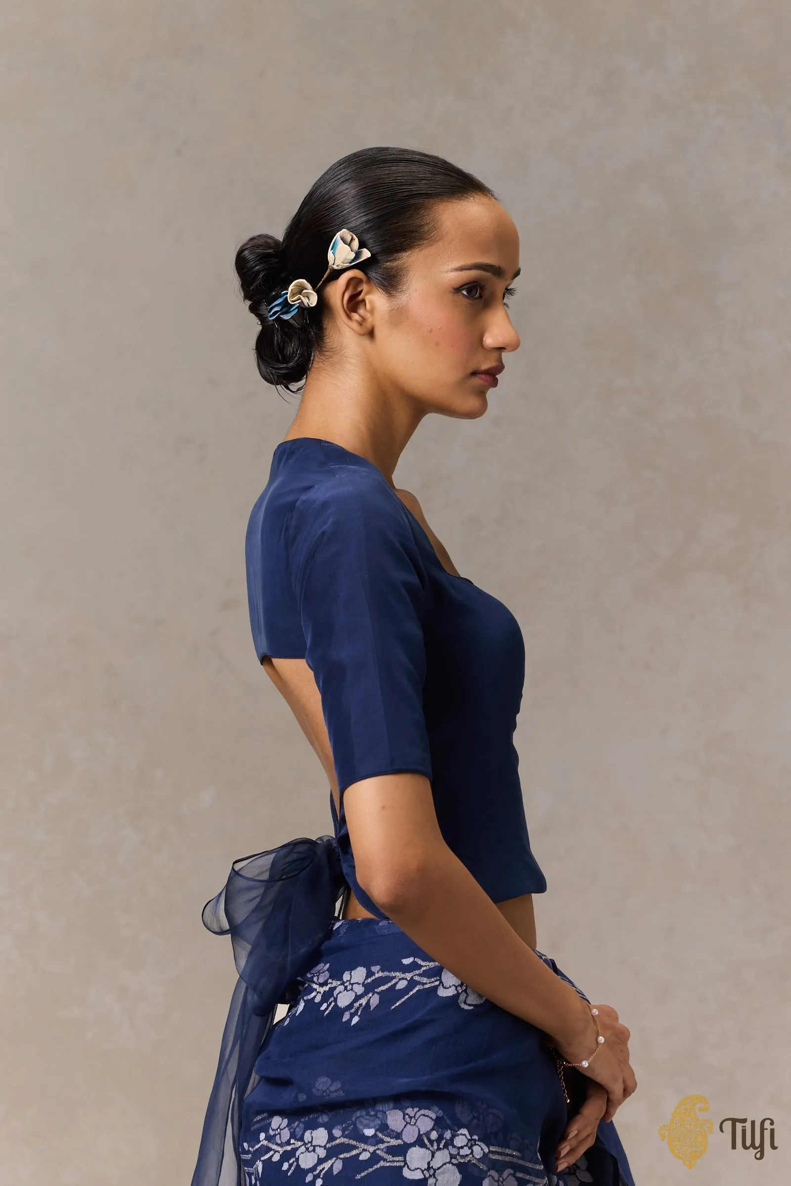Deep Blue Sweet Heart Neck Long Silk Blouse