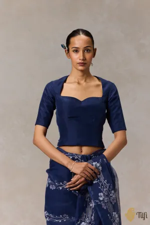 Deep Blue Sweet Heart Neck Long Silk Blouse