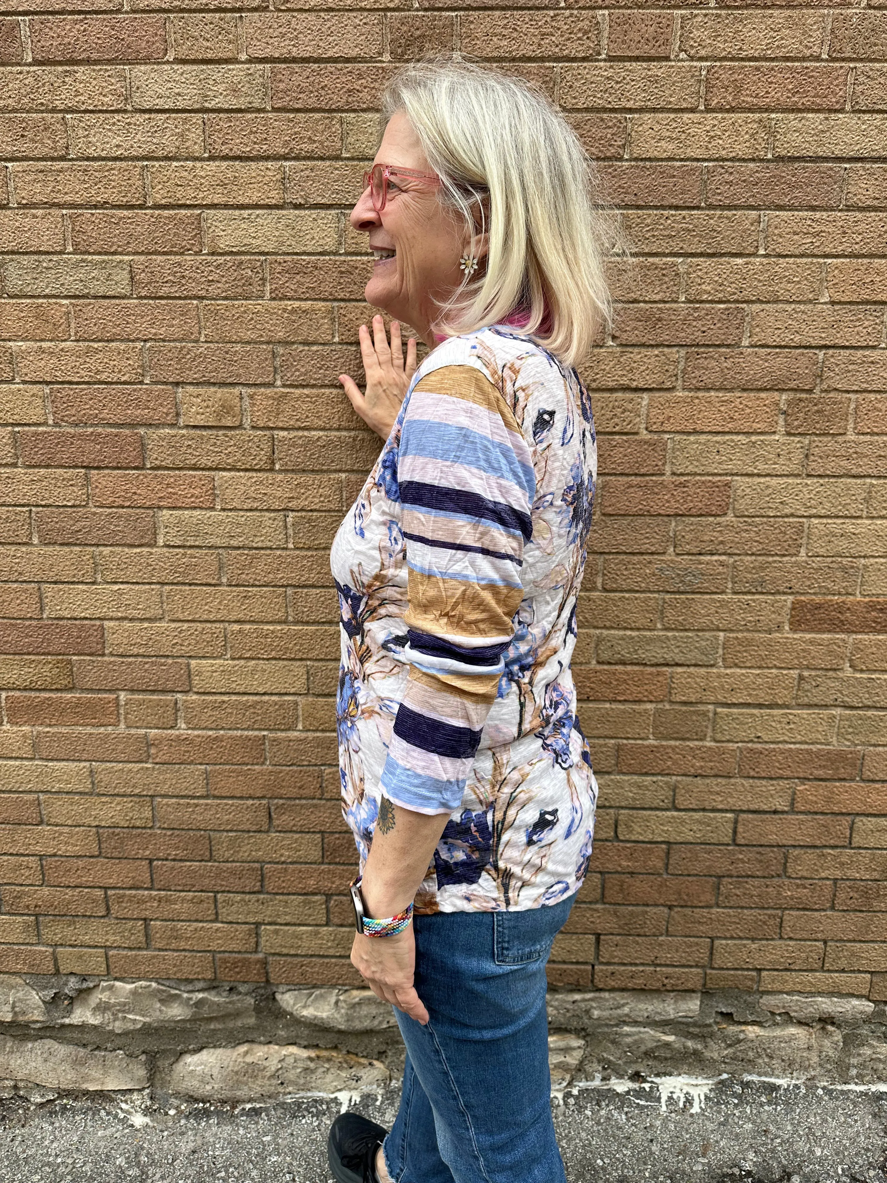 DENIM PRINT MIX CREW TOP