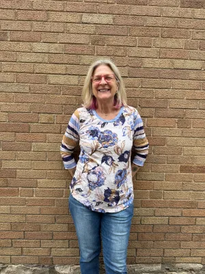 DENIM PRINT MIX CREW TOP DENIM PRINT MIX CREW TOP