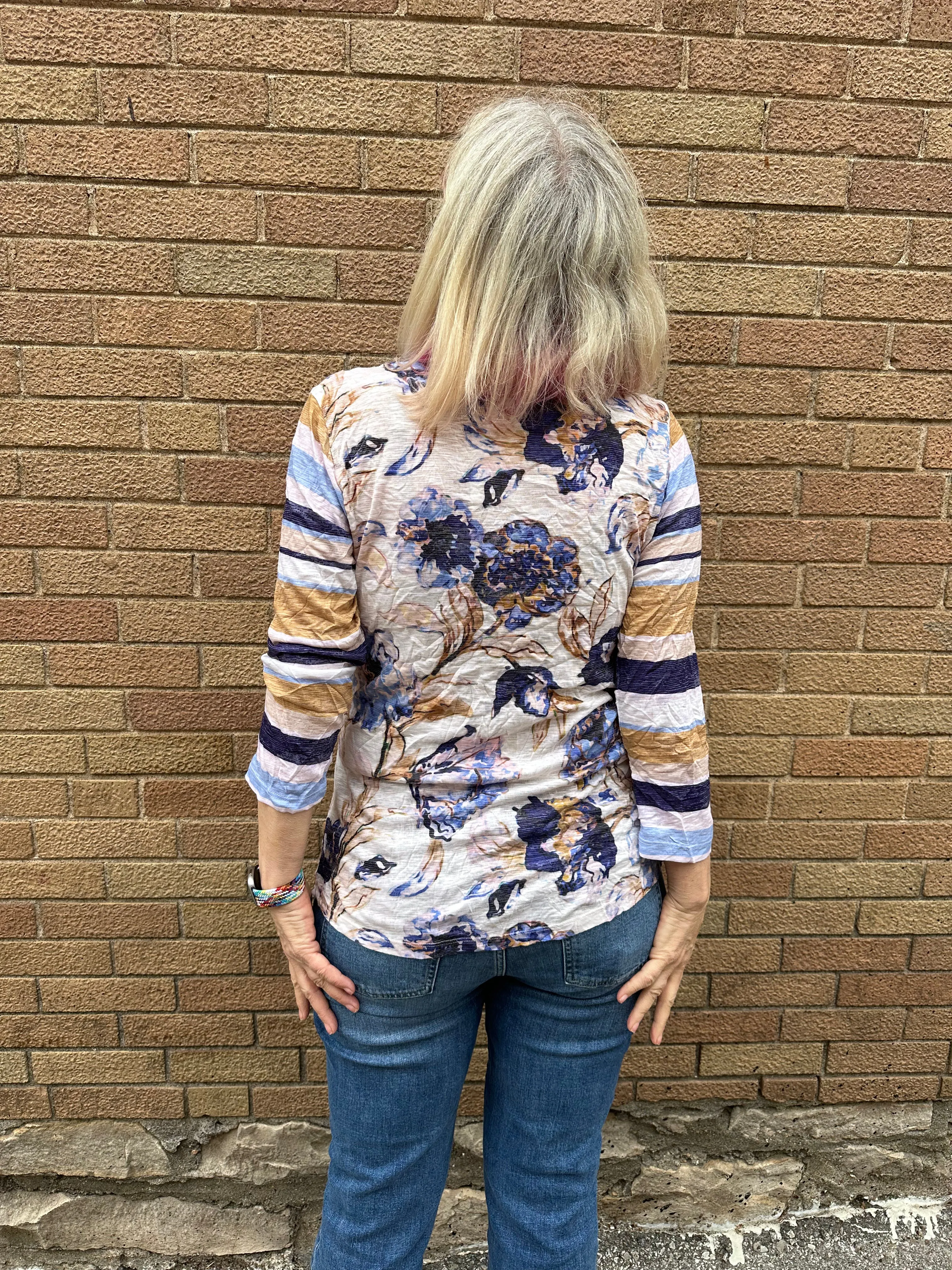 DENIM PRINT MIX CREW TOP