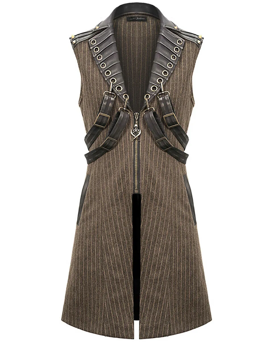 Devil Fashion Elphinstone Mens Long Steampunk Waistcoat Vest - Brown