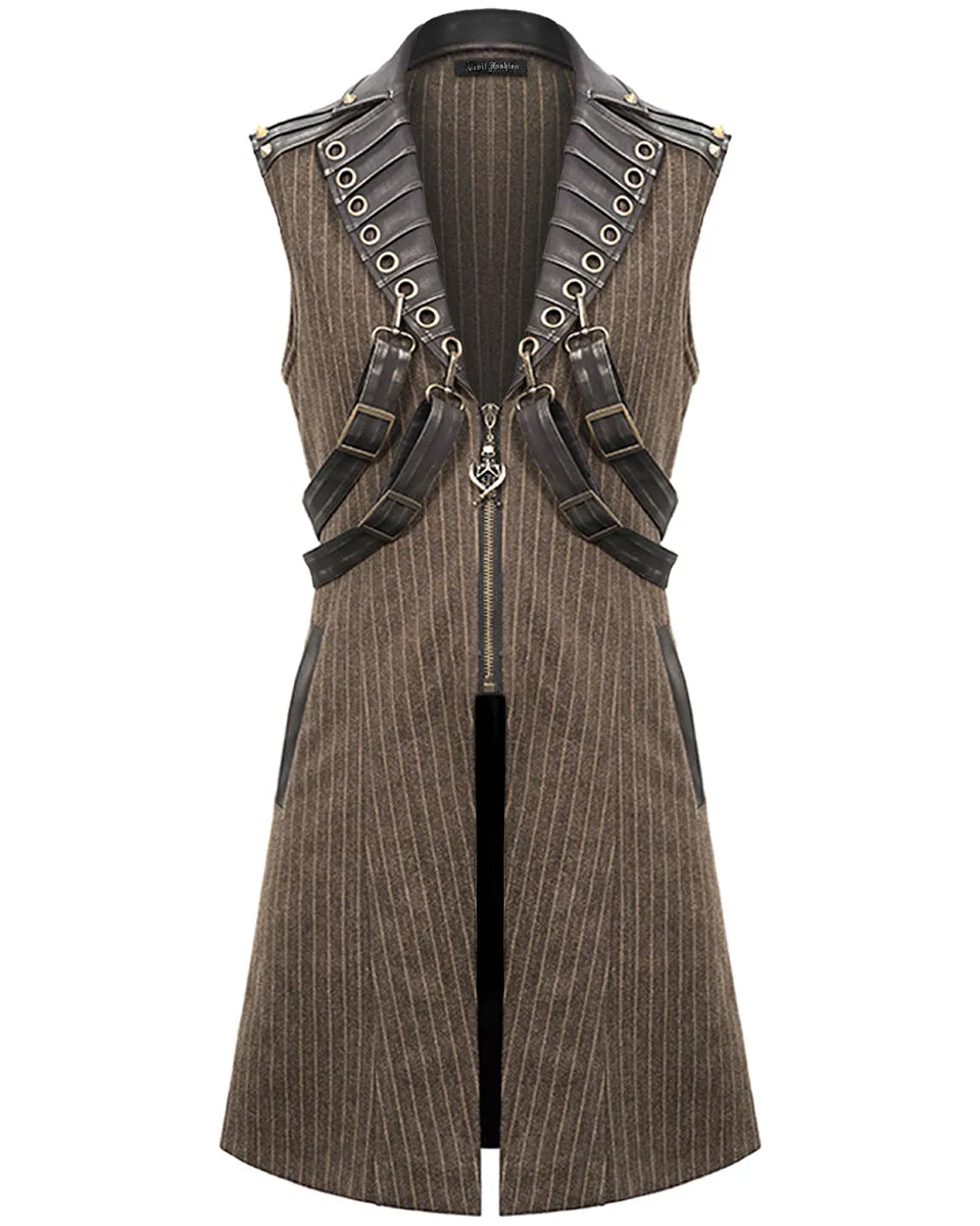 Devil Fashion Elphinstone Mens Long Steampunk Waistcoat Vest - Brown