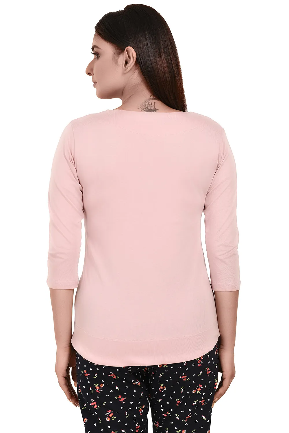 Dusty Pink Boat Neck Printed Tees