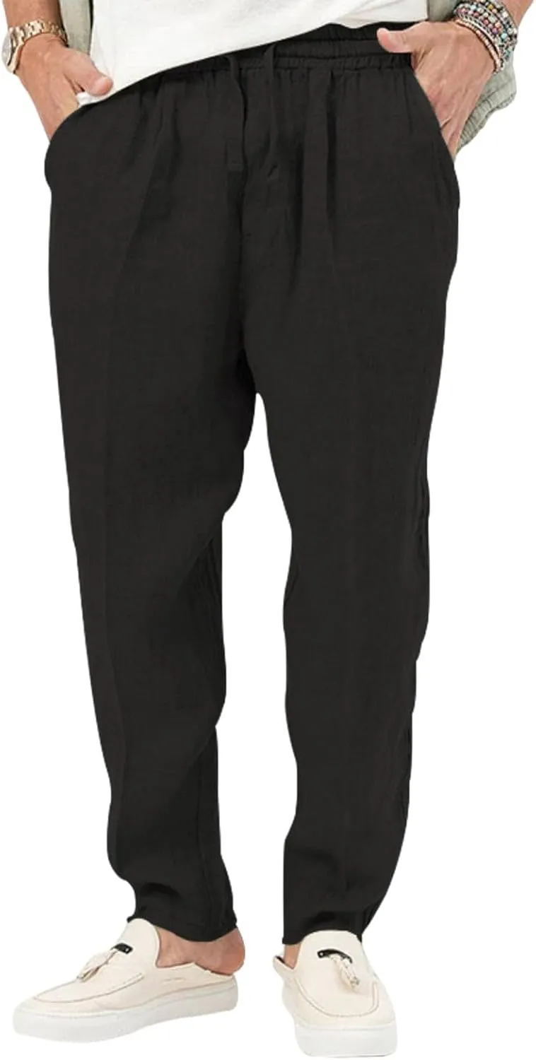 evzosrz Mens Casual Linen Cotton Pants Jogging Lightweight Elastic Waist Drawstring Trousers Yoga Beach Sweatpants Pockets