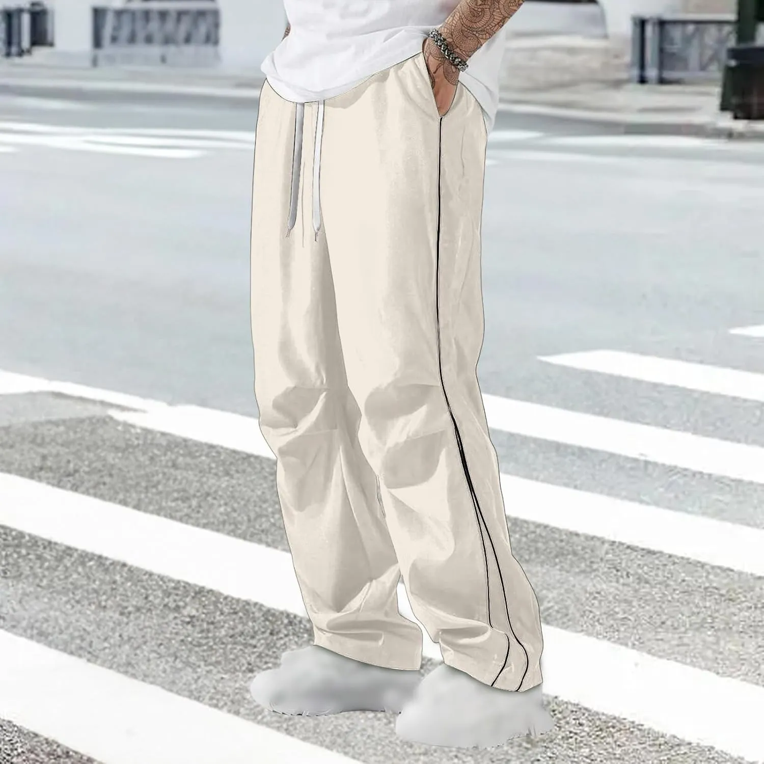 evzosrz Men's Parachute Sweatpants Y2k Summer Side Stripes Baggy Track Pants 2025 Casual Quick Dry Sports Trousers Streetwear