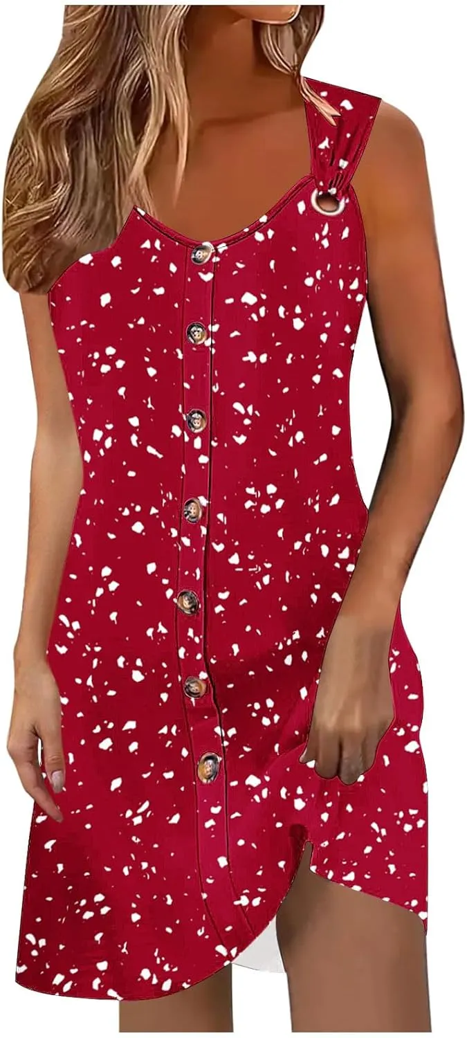 Floral Dress for Women Casual Button Trim Sleeveless V Neck Mini Sundress O-Ring Straps Cover Ups Beach Tank Dresses