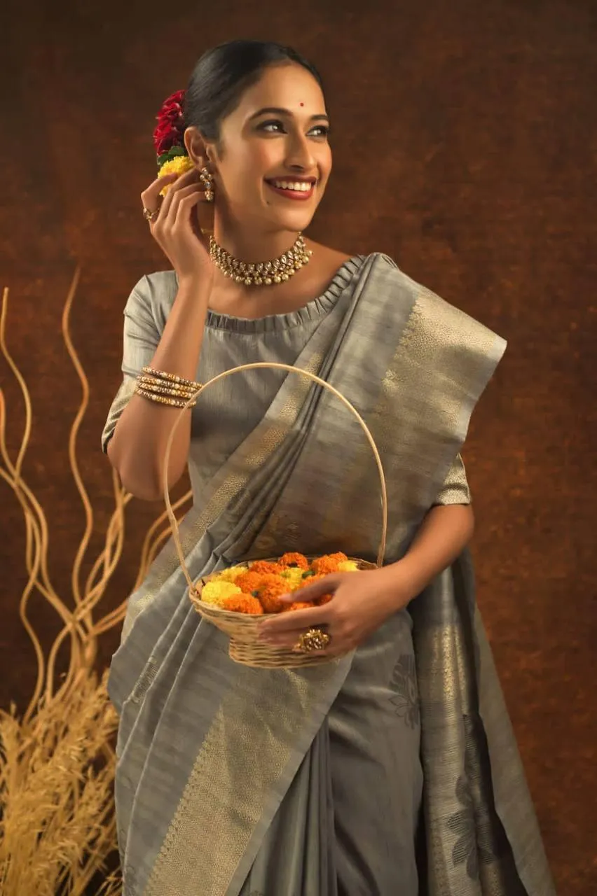 Grey Mulberry Silk  Saree