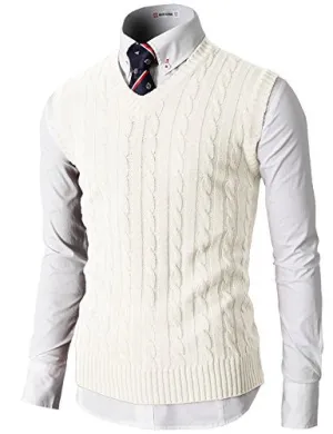 H2H Mens Casual Knitted Slim Fit V-neck Vest With Twisted Patterned IVORY US XL/Asia 2XL (KMOV037)