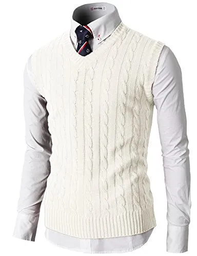 H2H Mens Casual Knitted Slim Fit V-neck Vest With Twisted Patterned IVORY US XL/Asia 2XL (KMOV037)