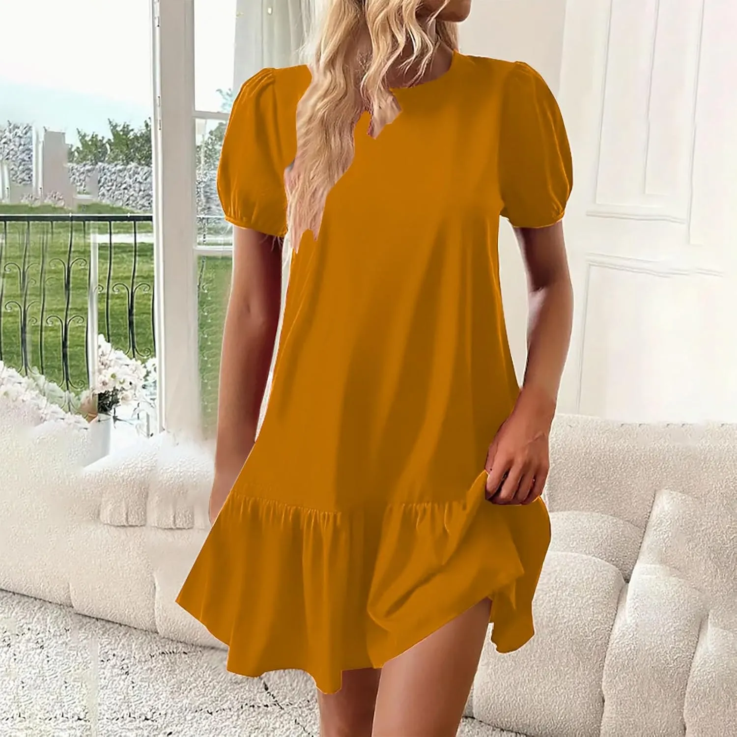 hlysgo Dress for Women 2025 Summer Casual Ruffled Hem Vacation Mini Dress Elegant Ladies Puff Sleeve Crew Neck Beach Dresses