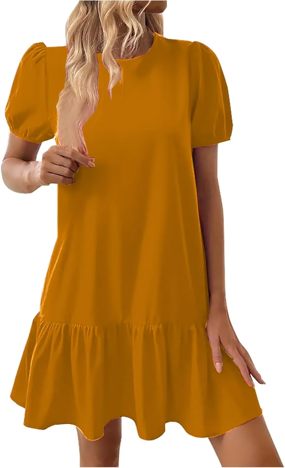 hlysgo Dress for Women 2025 Summer Casual Ruffled Hem Vacation Mini Dress Elegant Ladies Puff Sleeve Crew Neck Beach Dresses