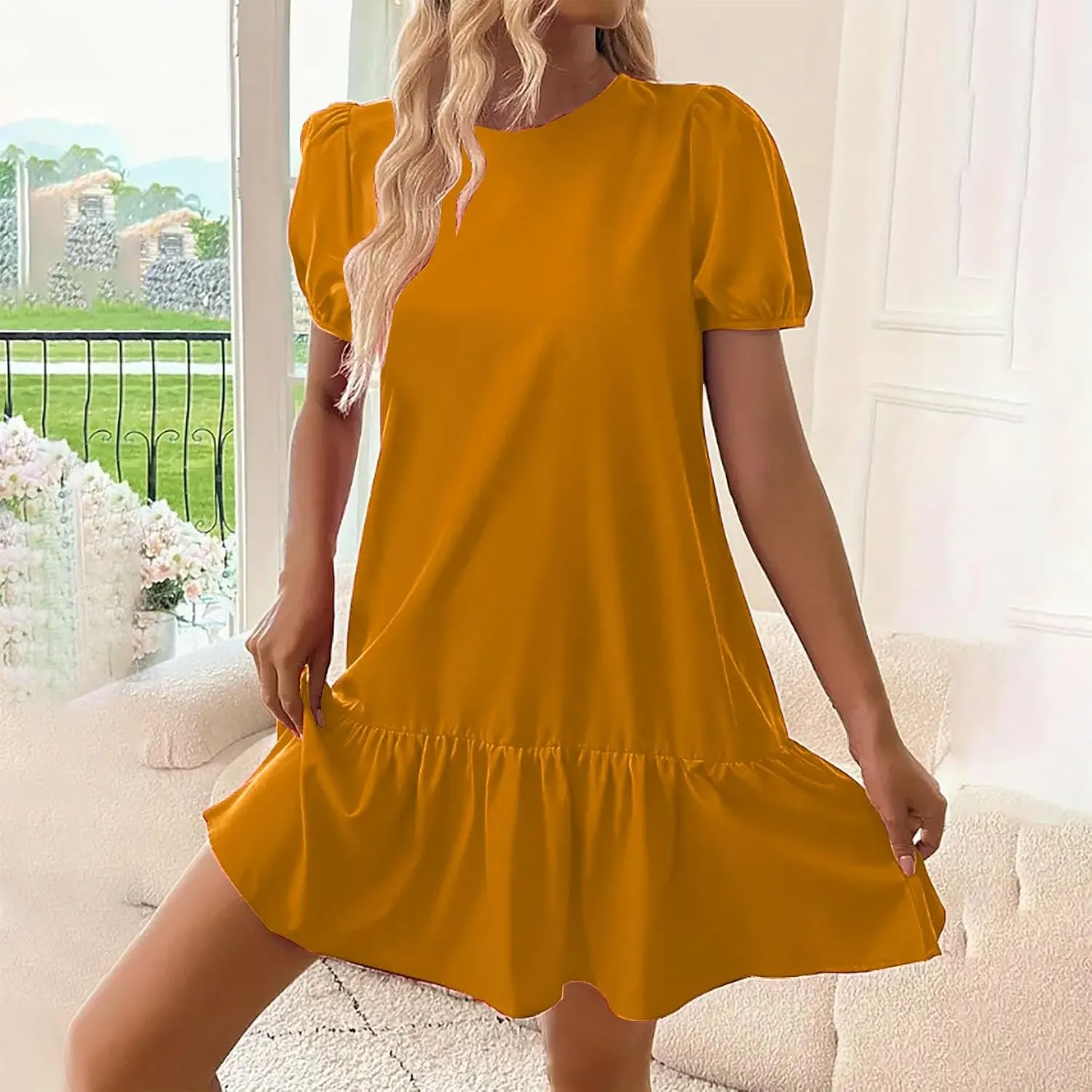hlysgo Dress for Women 2025 Summer Casual Ruffled Hem Vacation Mini Dress Elegant Ladies Puff Sleeve Crew Neck Beach Dresses
