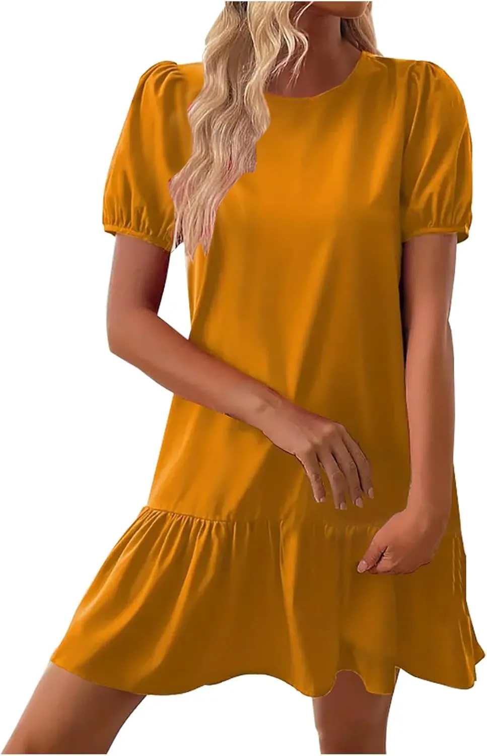 hlysgo Dress for Women 2025 Summer Casual Ruffled Hem Vacation Mini Dress Elegant Ladies Puff Sleeve Crew Neck Beach Dresses