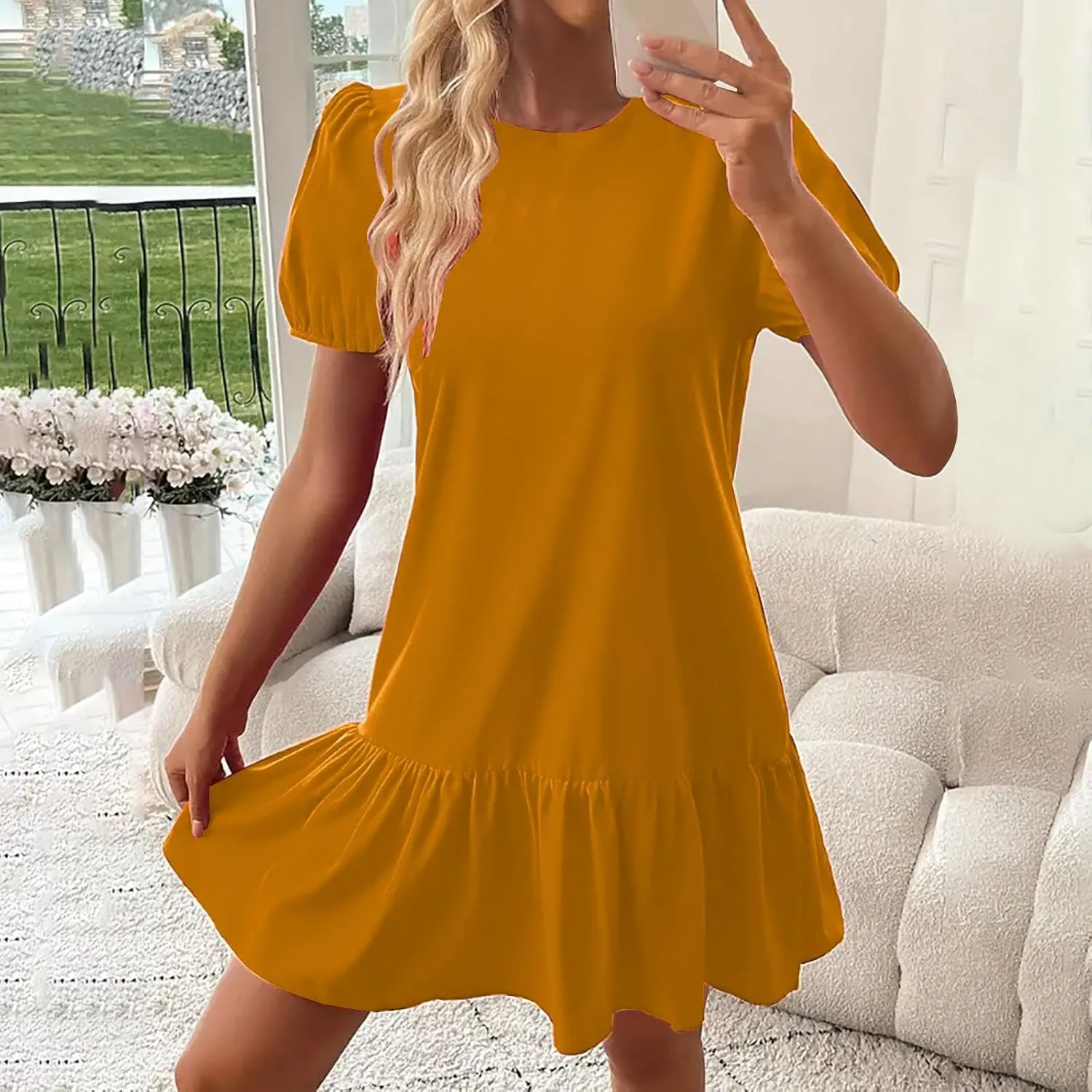hlysgo Dress for Women 2025 Summer Casual Ruffled Hem Vacation Mini Dress Elegant Ladies Puff Sleeve Crew Neck Beach Dresses