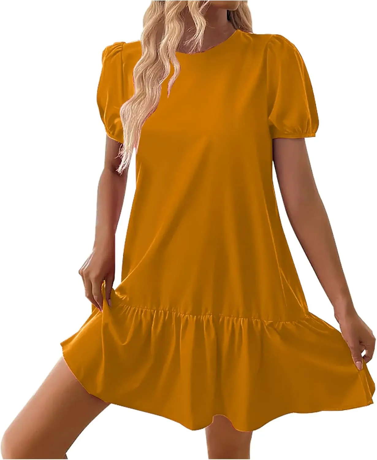 hlysgo Dress for Women 2025 Summer Casual Ruffled Hem Vacation Mini Dress Elegant Ladies Puff Sleeve Crew Neck Beach Dresses