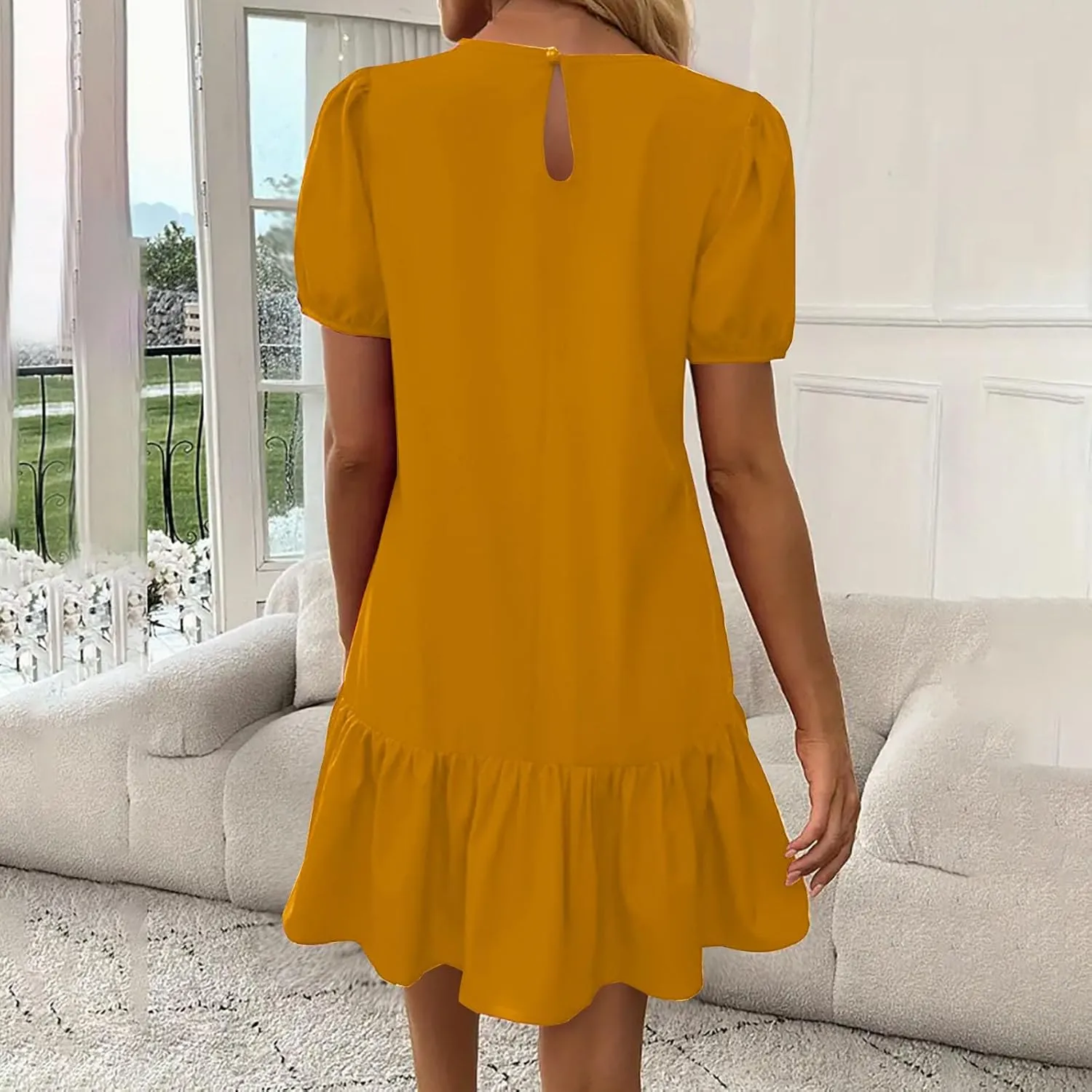hlysgo Dress for Women 2025 Summer Casual Ruffled Hem Vacation Mini Dress Elegant Ladies Puff Sleeve Crew Neck Beach Dresses