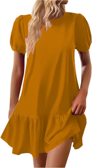 hlysgo Dress for Women 2025 Summer Casual Ruffled Hem Vacation Mini Dress Elegant Ladies Puff Sleeve Crew Neck Beach Dresses