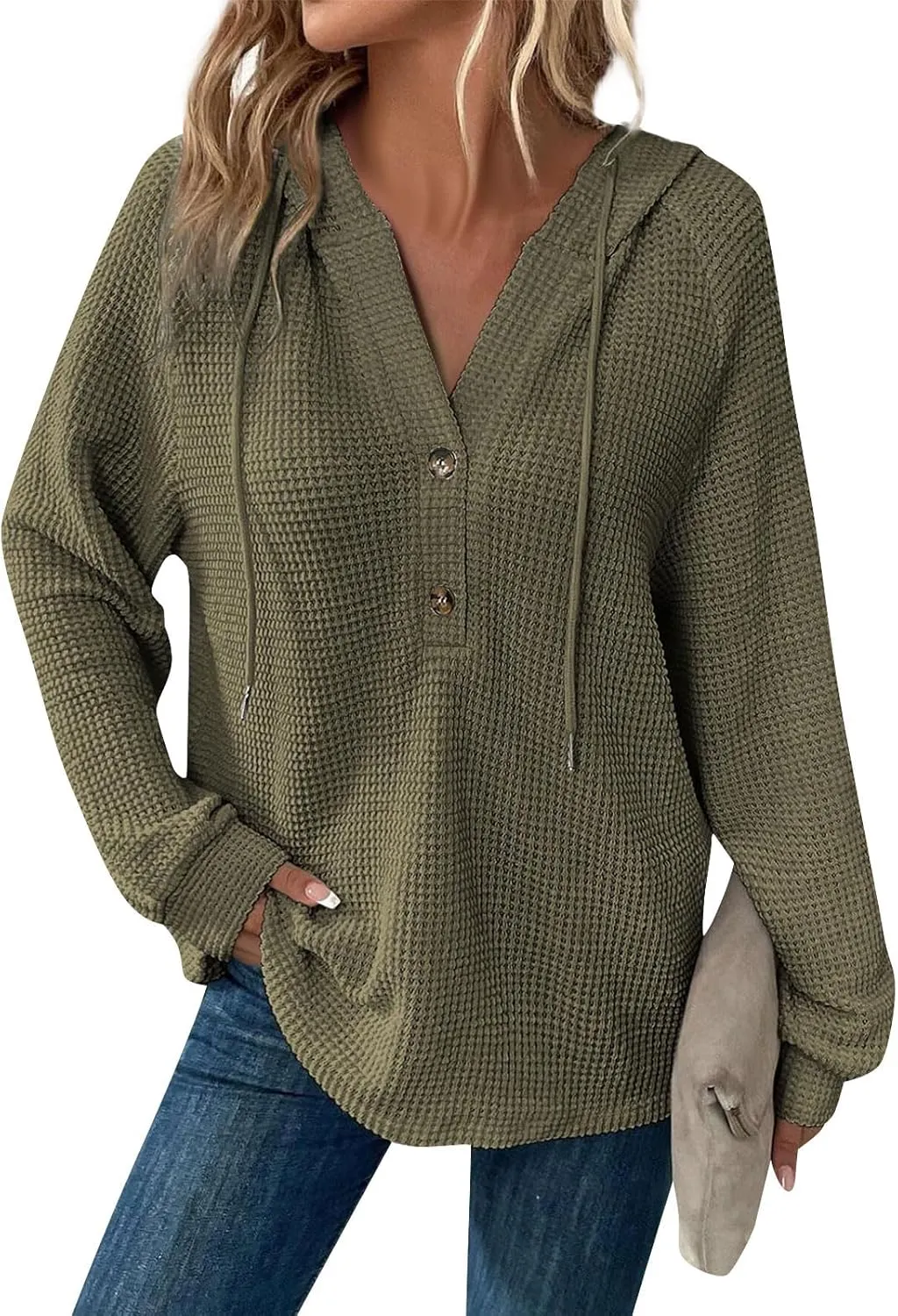Hoodies For Women, Trendy V Neck Drawstring Long Sleeve Sweatshirts With Hood Comfy Streetwear Fall Pullover Tops